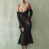 Toloer High Waist Hanging Neck Sexy Back Solid Color Slim Fish Tail Temperament Dress Long