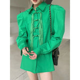 White Patchwork Tassels Shirt For Women Lapel Long Sleeve Solid Minimalist Button Through Blouse Female Clothes