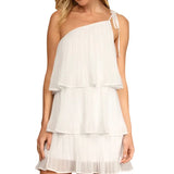 Women One Shoulder Mini Dress Summer Clothes Sleeveless Ruffle Tiered Layered Pleated A Line Flowy Hem Dress Sexy Streetwear-Outfit