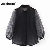 Dot Embroidery Women Organza Blouse 2021 Lantren Sleeve Black See Through Chic Top Casual Turn Down Collar Shirt