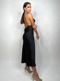 Summer 2022 Sexy Backless Chain Midi Satin Dress Women Off Shoulder Sleeveless Bodycon Party Dresses Club Y2K