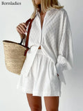 Summer White Elegant Jacquard Fabric Soft Vacation Suits Women Long Sleeves Shirts And Hot Pants Two Pieces