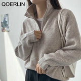 Thick Warm Winter Turtleneck Sweater Women Autumn Loose Knitted Jumper Solid Zipper Pink Sweater Oversized