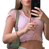 2022 Hot Sale Sexy Women Cardigan Summer T-Shirt Short Sleeve Ruffle T-Shirt Clubwear Buttons Bodycon Frilly Solid Color