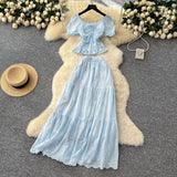 Temperament Wears A Female Waist-Waisted Collar Bubble Sleeve Shirt High-Waisted Embroidered Half-Dressed Skirt Holiday Style