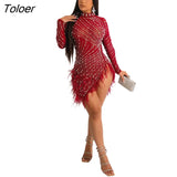 Bead Sleeve Dresses Diamonds Clothing Feather Dress Women Slim Women's Hot Drill Outfit Party Club Fashion Sexy