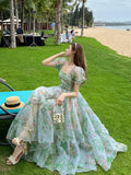 Floral Evening Midi Maxi Dresses for Women Elegant Casual Party Prom Green Holiday Princess Fairy Long Dress Summer