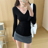 Tight V-Collar Skinny Bottomed Shirt Long-Sleeved T-Shirt Women's Early Autumn New Design Feel A Small Number Of Pure Desire To Wear Inside The Jacket-Outfit
