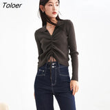 Women Knitwear 2023 Spring Long Sleeves V Neck Slim Sexy Sweaters Drawstring Design Coffee Y2K Fashion Chic