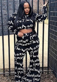 Letter Print Black Crop Top and High Waist Pants 2pc