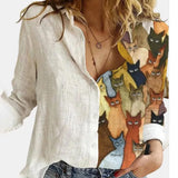 2021 Women Botton Vintage Polo-Neck Office Lady Spring Summer Loose Casual Cartoon Printing T-Shirt Long
