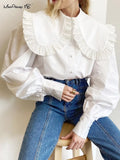 Big Peter Pan Collar Ruffle Womens Blouse Long Sleeve White Cotton Casual Tops Female Spring Summer Frill Shirt