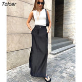Black Loose Long Skirt Women A-Line Zip Skirts Ladies Elegant Autumn Skirt Female With Pocket Ankle-Length