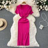 Elastic Split Women Knitted Dress Solid Summer 2022 Slim Lapel Casual Elegant Gentle Ladies A Line Long