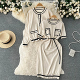 Women Fashion Knitted Two Piece Suits Long Sleeve Cardigan+Pocket Sheath Dress Suits Autumn Korean Solid Sweater