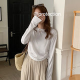 Thin Style Design Rope Long-Sleeved T-Shirt Woman Waist Slim Solid Color Short-Style Sunscreen Blouse-Outfit