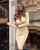 Women Long Dress Deep V Neck Long Sleeve Spring Elegant Party Print Slim Package Hip Office Vintage Bodycon Dresses