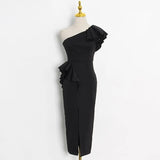 Sexy Dress For Women Ruffles High Waist Diagonal Colalr Sleeveless Ruched Plus Size Split Long Dresses Female