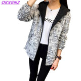 Spring Autumn Women Basic Jacket Pocket Zipper Hooded Two Side Wear Cartoon Print Outwear Loose Coat Windbreaker Female