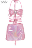 2023 Glitter Pink Two Piece Set Fairy Grunge Crop Top Mini Skirt Summer Clothes Sexy Club Rave Festival Outfit