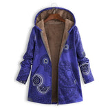Winter Women's Vintage Printed Coats Warm Plus Size Loose Zipper Hooded Outerwears Casual Long Sleeve Female Wool