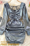 Autumn Winter Velvet Dress for Women Sexy Chain Criss Cross V-neck Long Sleeve High Waist Folds Mini Party Dress