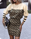 Independent Station Autumn New Fashion Printed Waist Round Collar Long-Sleeved Dress-Outfit