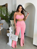 Summer Fashion 2 Two Piece Sets Outfits Women Sleeveless Backless Crop Top Flared Pants Pink Casual Matching Sets