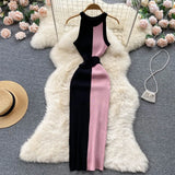 Bow Knitted Women Elegant Dress Summer 2022 O Neck Sleeveless Slim Office Lady Ladies A Line Splice