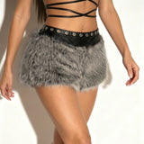 Heavyweight Imitation Fur Leather Splicing Fur Trousers Autumn And Winter Babes Fashion Low-Waist Shorts Women's