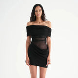 Spring And Summer New Women's Sexy Shoulder Mesh Splicing Bare Waist Folding