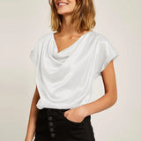 Celmia 2022 Stylish Women Short Sleeve Satin Tops Summer Blouse Cowl Neck Tunic Shirt Elegant Casual Solid Party Blusas