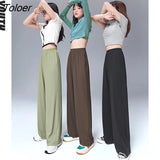 Women Pants 2022 Summer Long Middle Elastic Waist Loose Straight Trouser Solid Soft Cool Feeling Casual Basic