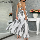 Women Leaf Print Backless Two Pieces Dress Cami Top & Split Maxi Set Dress-Outfit