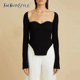 Elegant Side Split Knitted Women's Sweater Square Collar Long Sleeve Sexy Sweaters Female Fashion New 2022