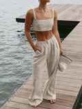 VAREY LIN New Summer Women Casual Cotton Linen Two Piece Set Sleeveless Tank Tops+high Waist Wide Leg Pants Lady Fashion
