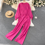 Chic Autumn Winter Women Korean Set Design Casual Loose Irregular Tops+High Waist Wide Leg Long Pants Two Piece