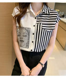 fashion iron diamonds ladies shirts women's blouses 2021 summer patchwork striped shirts blouse sleeveless Blusas