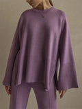 Sweater 2 Piece Set Women Loose O-Neck Knit Pullovers+Wide Legs Pants Sets 2022 Oversized Solid Slit Knitted