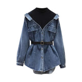 Women's Denim Coat Lapel Patchwork Pocket Single Breasted Belt Fake Two Piece Shirt Jackets 2024 Summer New Fashion 29L157-Outfit