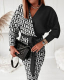Independent Station Autumn Printed V-Collar Stylish Long-Sleeved Dress-Outfit