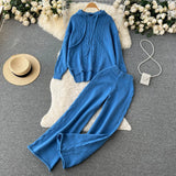 Women Drawstring Hooded Sweater Two Pieces Sets Irregular Loose Tops+Draped Wide Leg Trousers Winter OL Knit