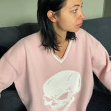 Punk Print Vintage Y2K Knit Sweater V Neck Long Sleeve Casual Jumper Ladies Autumn Winter Korean Pullover
