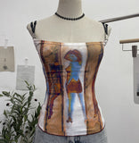 Sexy Hottie Shoulder Strap Small Print Slimming Sling Vest Short Sleeveless Top