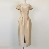 Elegant Dress For Women Slash Neck Puff Sleeve High Waist Solid Ruched Minimalist Midi Dresses Female Summer