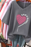 100% Cotton L-6XL T Shirt Plus Size Tshirt Short Sleeve Women Top Summer Heart Print Couple V Neck Oversized T
