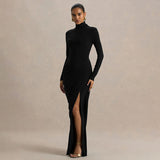Women's Autumn And Winter New Solid Color Temperament High-Collar Before The Open Folding Dress