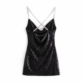 Diamond Chain Black V Neck Sequin Backless Slip Dress Sexy Evenving Party Robe Za 2021 Spring Women Vestidos Cortos