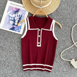 Style Striped Knitted Sleeveless Vest Women's Summer Collar Slimming Design Chic Beautiful Little Man