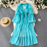 Vintage Women Long Chiffon Blouse Female Elegant Lantern Sleeve High Waist Slim Split Outerwear Blue Tuxedo Shirts Autumn